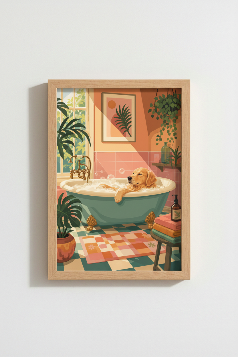 Dog in Bathtub Print | Retro Golden Retriever Bathroom Decor | Colorful Boho Poster