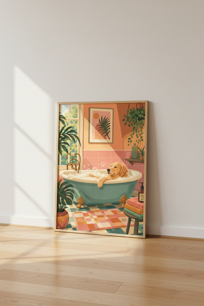 Dog in Bathtub Print | Retro Golden Retriever Bathroom Decor | Colorful Boho Poster