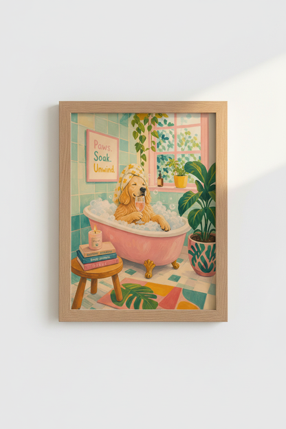 Golden Retriever Bathroom Art | Funny Dog in Bathtub Poster, Whimsical Wall Decor