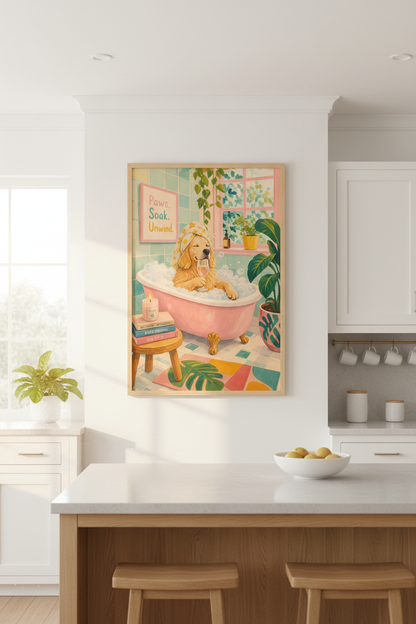 Golden Retriever Bathroom Art | Funny Dog in Bathtub Poster, Whimsical Wall Decor