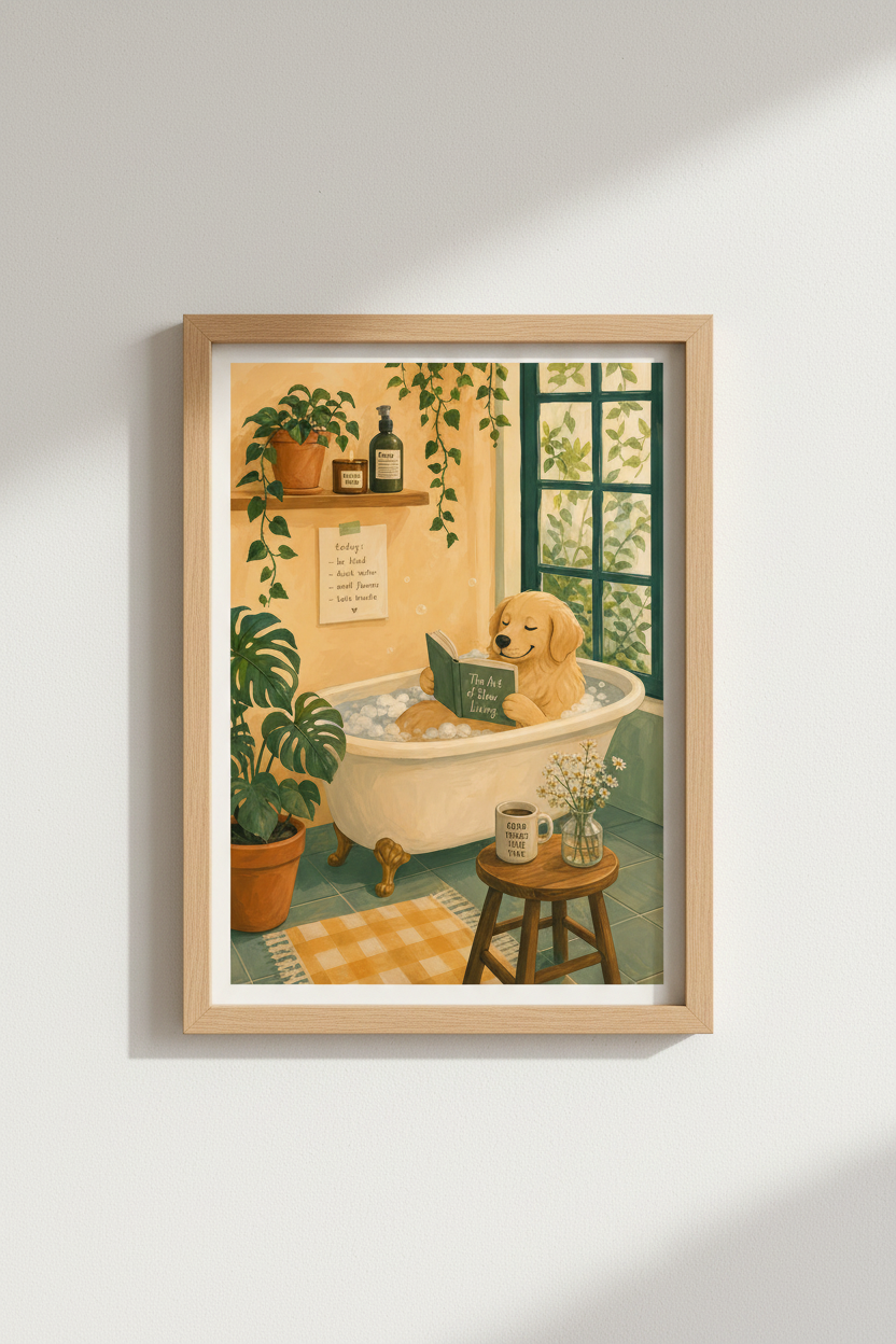 Golden Retriever Bathroom Art Print | Cozy Dog Poster, Whimsical Home Decor