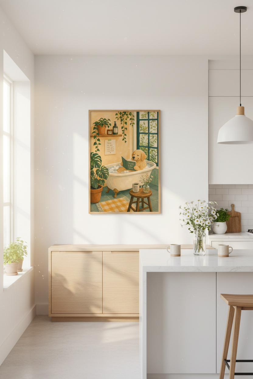 Golden Retriever Bathroom Art Print | Cozy Dog Poster, Whimsical Home Decor