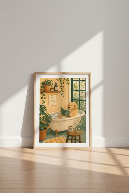Golden Retriever Bathroom Art Print | Cozy Dog Poster, Whimsical Home Decor