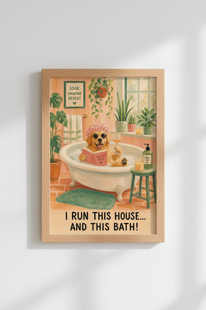 Funny Dog Bathroom Art | Golden Retriever Poster, Whimsical Bathroom Decor