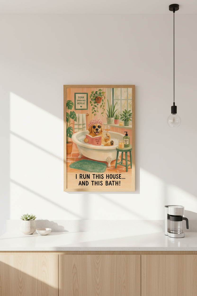 Funny Dog Bathroom Art | Golden Retriever Poster, Whimsical Bathroom Decor