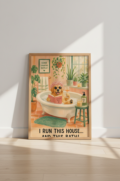 Funny Dog Bathroom Art | Golden Retriever Poster, Whimsical Bathroom Decor