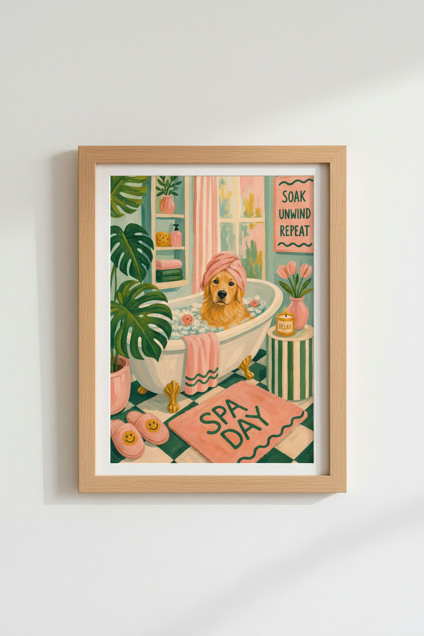 Dog in Bathtub Art Print | Funny Golden Retriever Bathroom Decor | Whimsical Spa Poster