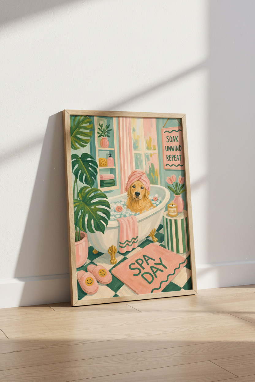 Dog in Bathtub Art Print | Funny Golden Retriever Bathroom Decor | Whimsical Spa Poster