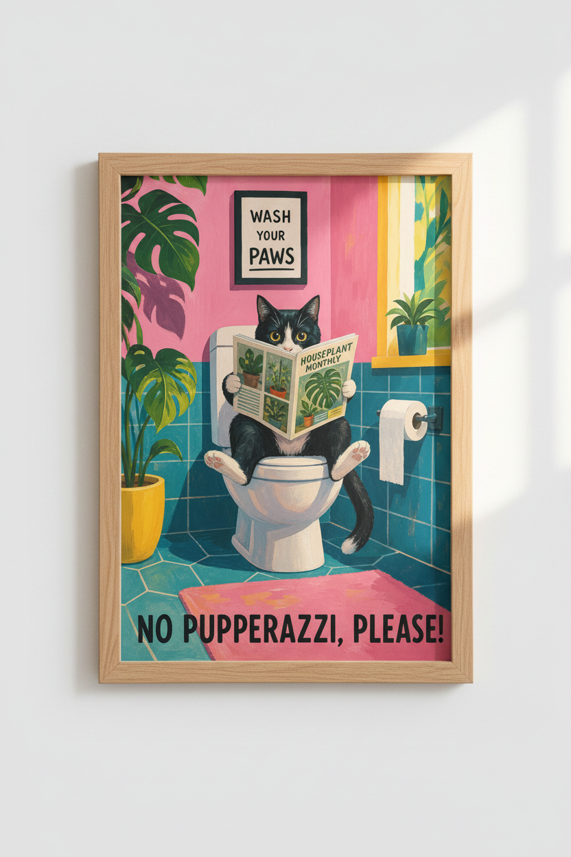 Funny Cat Bathroom Wall Art Print | Quirky Tuxedo Cat Poster | Colorful Restroom Decor