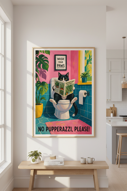 Funny Cat Bathroom Wall Art Print | Quirky Tuxedo Cat Poster | Colorful Restroom Decor