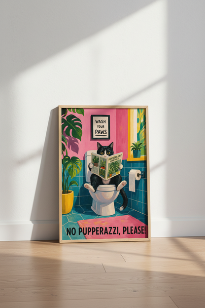 Funny Cat Bathroom Wall Art Print | Quirky Tuxedo Cat Poster | Colorful Restroom Decor