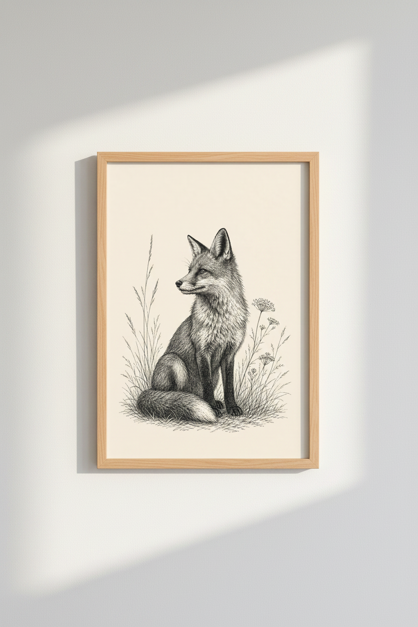 Vintage Fox Ink Sketch Wall Art | Black &amp; Cream Wildlife Print, Nursery Nature Decor
