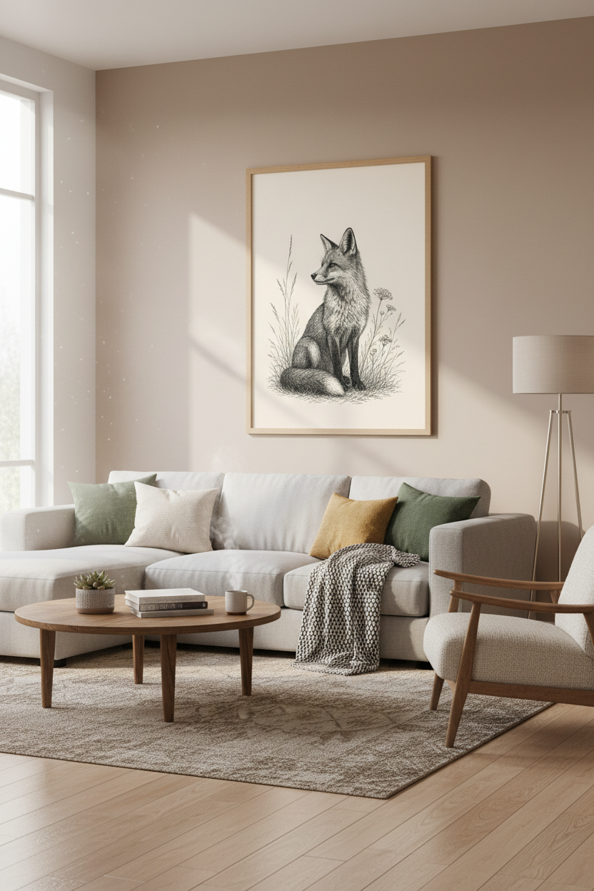 Vintage Fox Ink Sketch Wall Art | Black &amp; Cream Wildlife Print, Nursery Nature Decor
