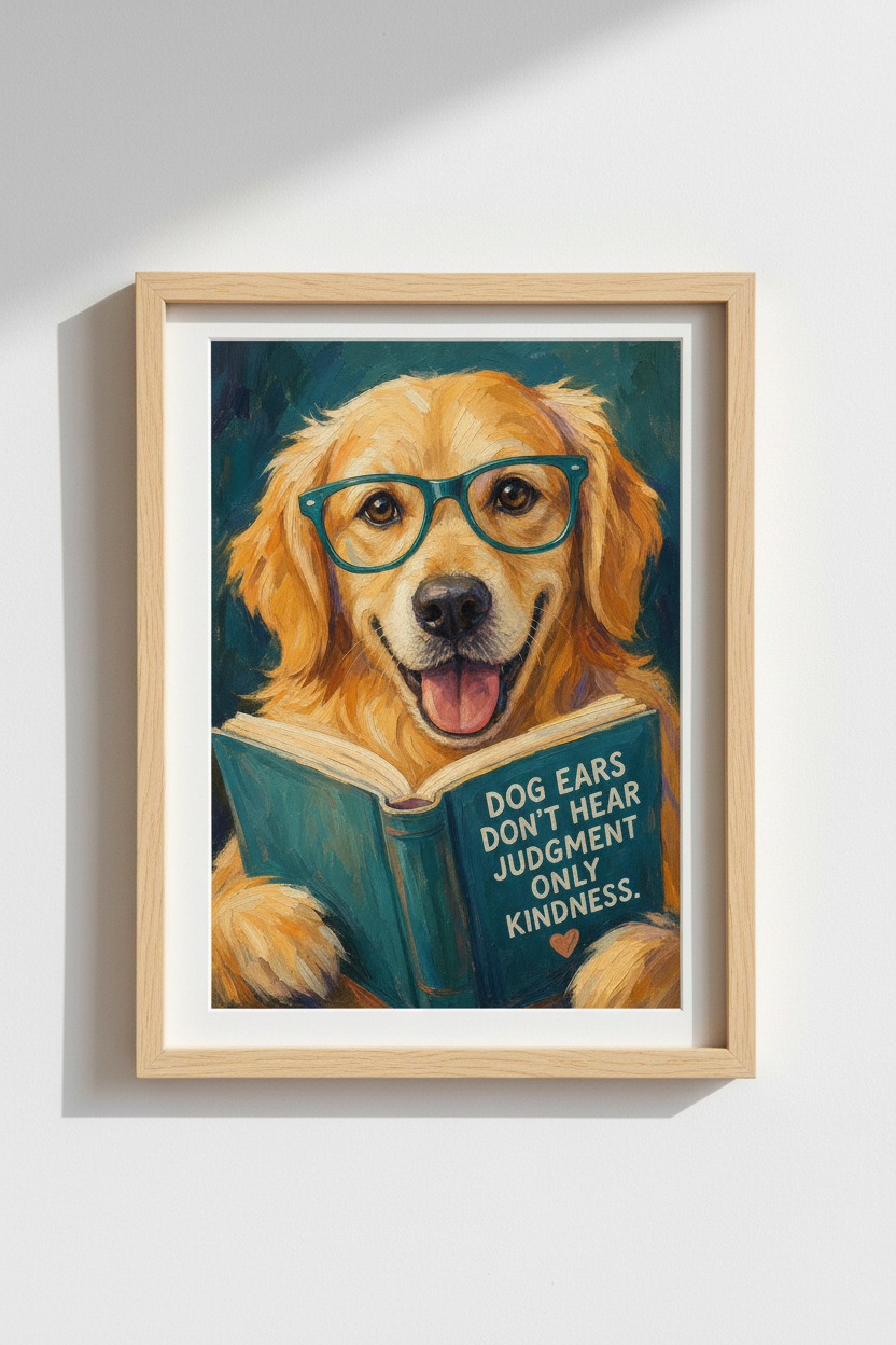 Golden Dog Art Print | Whimsical Retriever Reading Poster, Colorful Pet Wall Decor