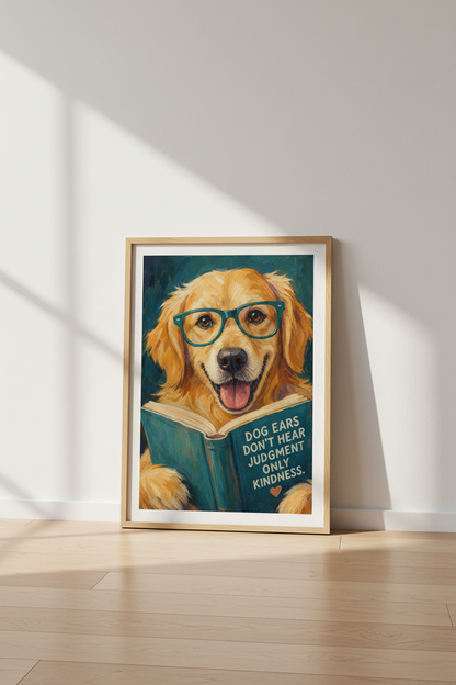 Golden Dog Art Print | Whimsical Retriever Reading Poster, Colorful Pet Wall Decor