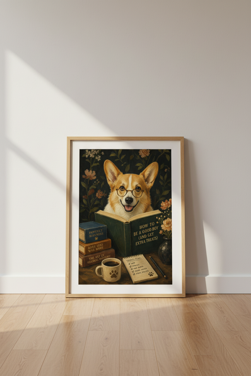 Funny Corgi Wall Art | Dark Academia Dog Poster, Library Humor Decor