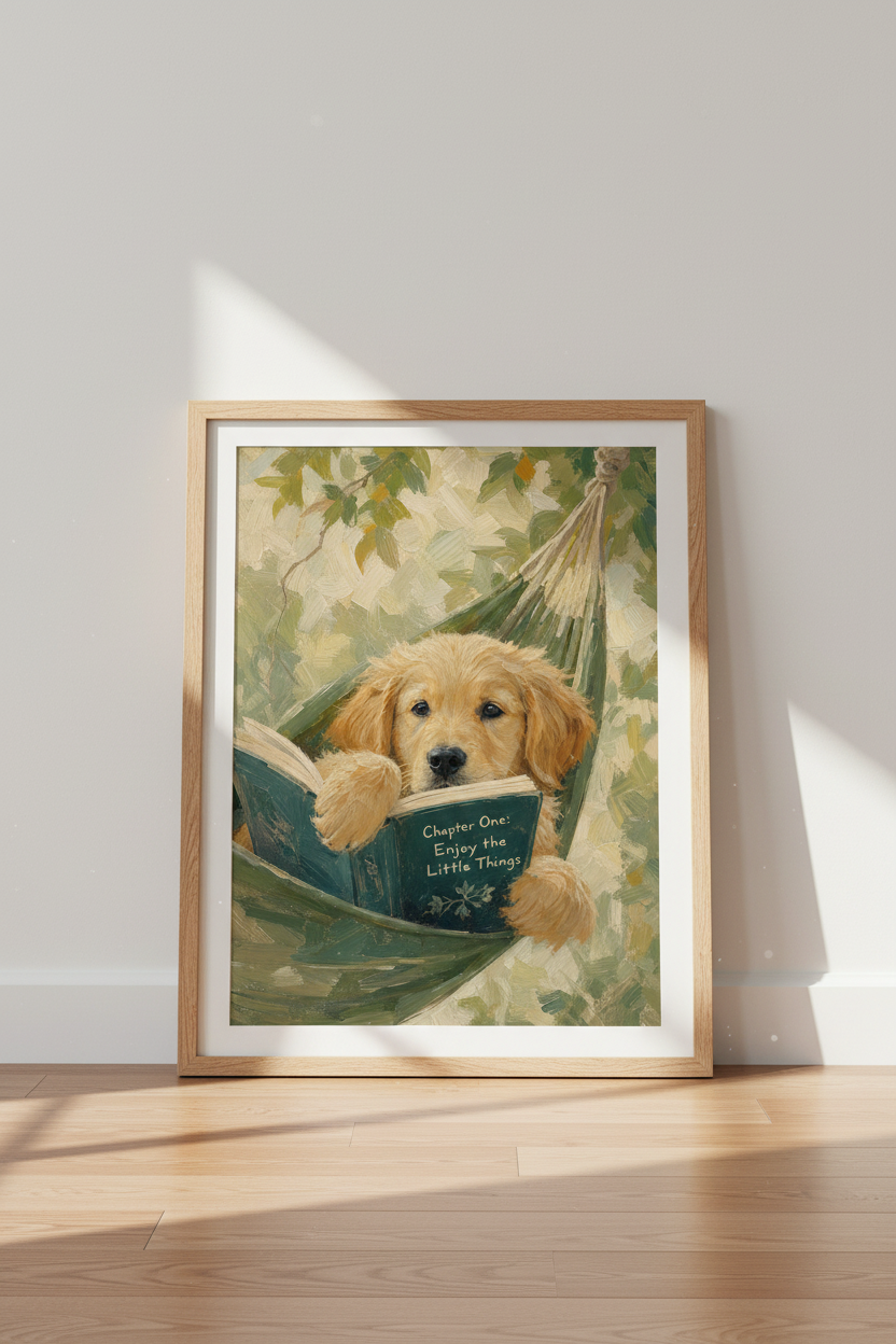 Puppy Dog Oil Painting | Golden Retriever Art, Nursery Wall Decor Poster