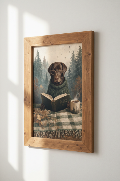 Chocolate Labrador Reading Book Wall Art | Dark Academia Decor | Cozy Dog Poster