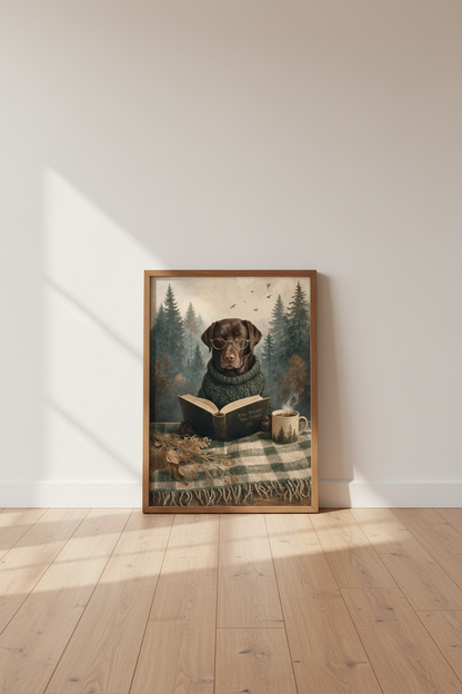 Chocolate Labrador Reading Book Wall Art | Dark Academia Decor | Cozy Dog Poster