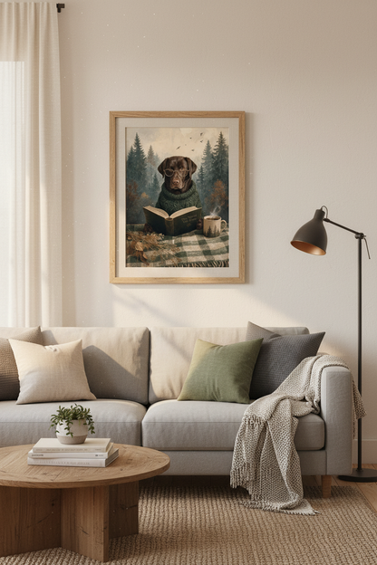 Chocolate Labrador Reading Book Wall Art | Dark Academia Decor | Cozy Dog Poster