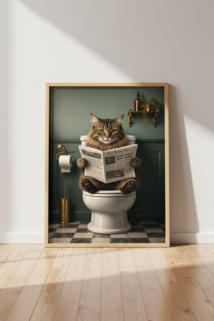 Cat on Toilet Reading Newspaper Art | Funny Bathroom Print | Maximalist Decor