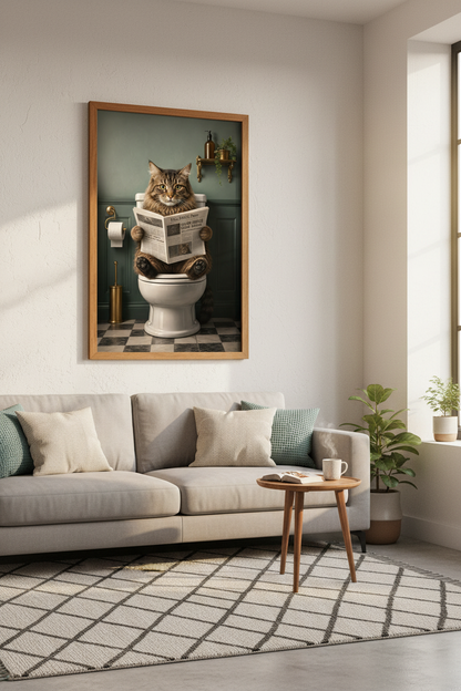 Cat on Toilet Reading Newspaper Art | Funny Bathroom Print | Maximalist Decor