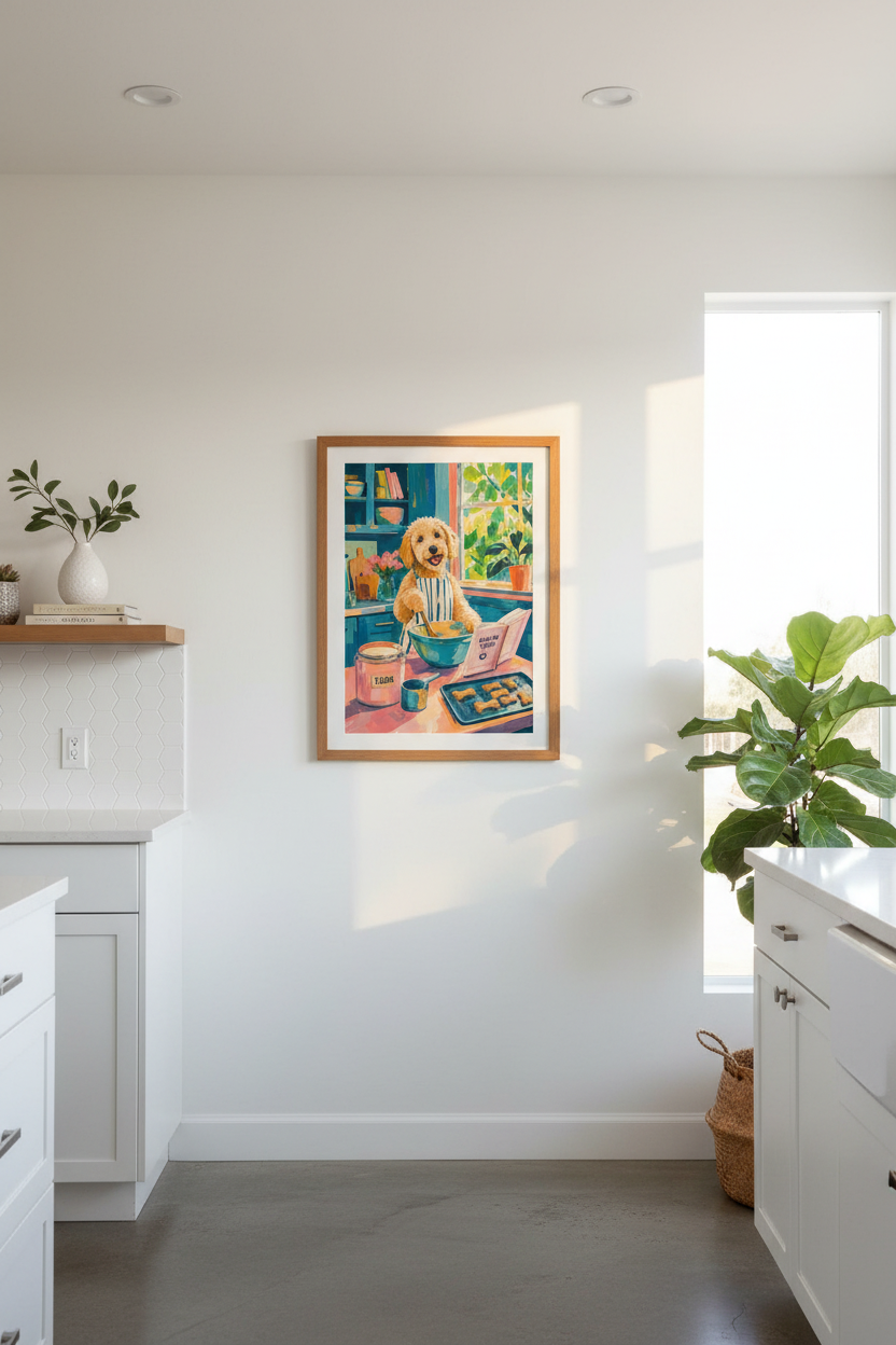 Dog Chef Art Print | Colorful Golden Doodle Kitchen Decor | Whimsical Pet Poster