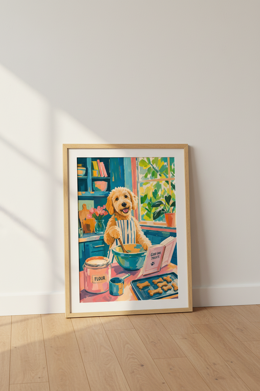 Dog Chef Art Print | Colorful Golden Doodle Kitchen Decor | Whimsical Pet Poster