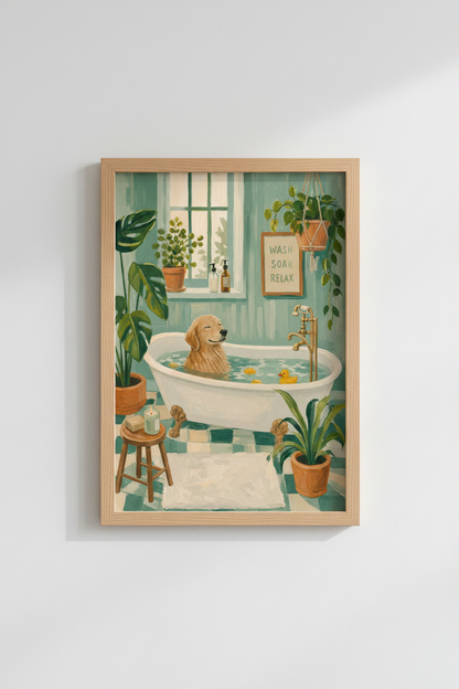 Bathroom Art Print | Golden Retriever Dog in Tub Poster, Teal &amp; Sage Green Decor