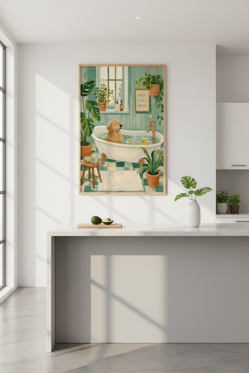 Bathroom Art Print | Golden Retriever Dog in Tub Poster, Teal &amp; Sage Green Decor