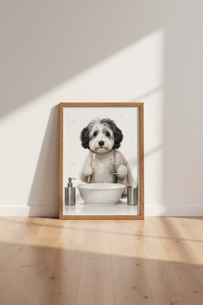 Funny Dog Bathroom Wall Art | Cute Havanese Toothbrush Poster, Whimsical Decor