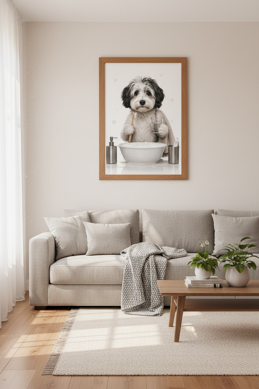 Funny Dog Bathroom Wall Art | Cute Havanese Toothbrush Poster, Whimsical Decor