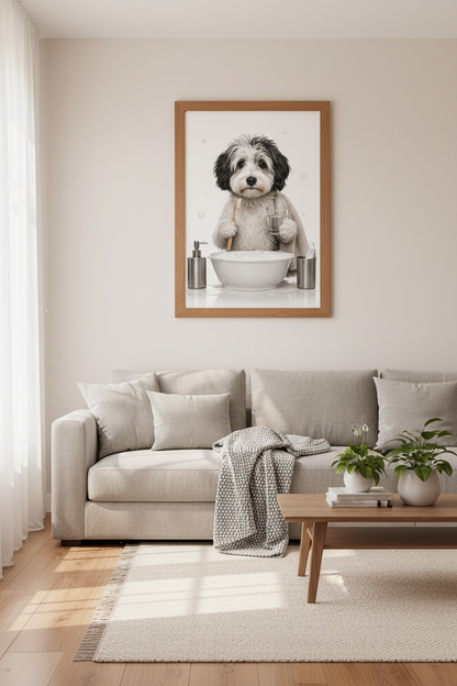 Funny Dog Bathroom Wall Art | Cute Havanese Toothbrush Poster, Whimsical Decor