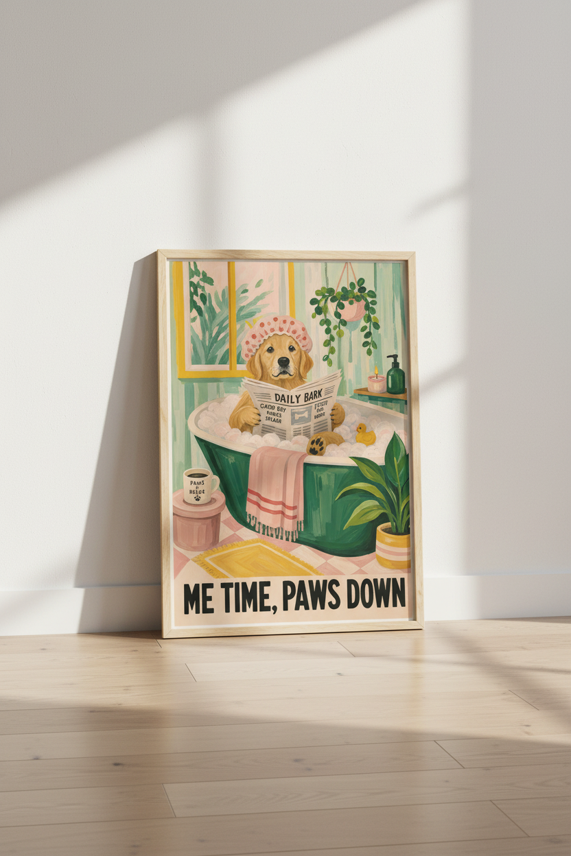 Funny Dog Wall Art Print | Bathroom Decor | Golden Retriever Bubbles Poster