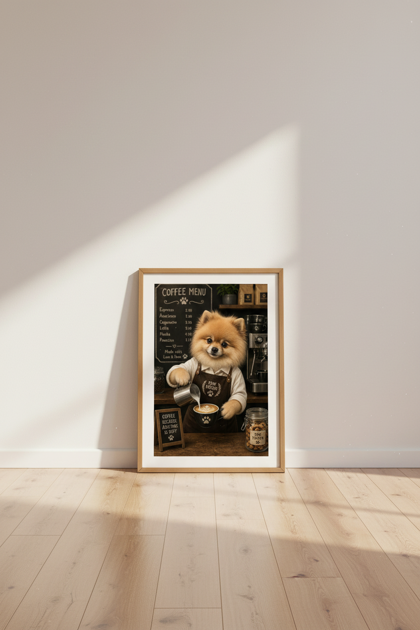 Pomeranian Barista Wall Art | Coffee Lover Decor | Cute Dog Poster