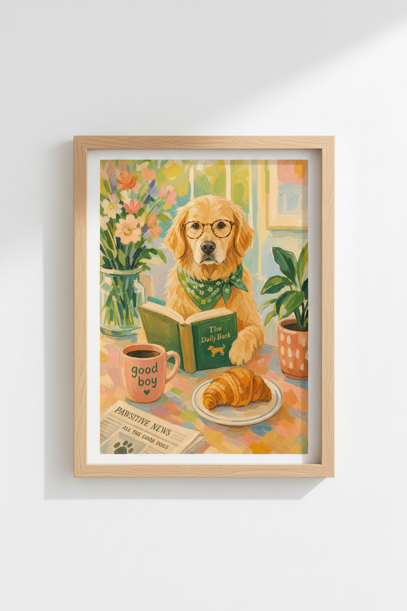 Golden Retriever Wall Art Print | Dog Reading Book Poster | Cute Academica Decor