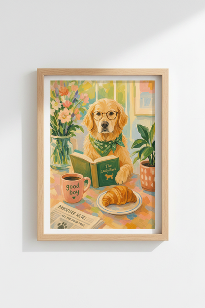 Golden Retriever Wall Art Print | Dog Reading Book Poster | Cute Academica Decor