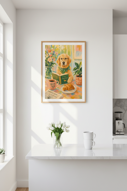 Golden Retriever Wall Art Print | Dog Reading Book Poster | Cute Academica Decor