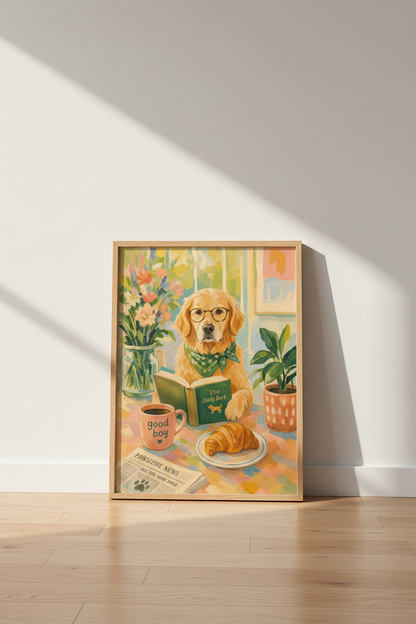 Golden Retriever Wall Art Print | Dog Reading Book Poster | Cute Academica Decor