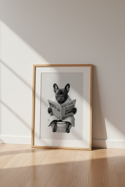 French Bulldog Reading Newspaper Wall Art | Bathroom Decor | Funny Dog Poster