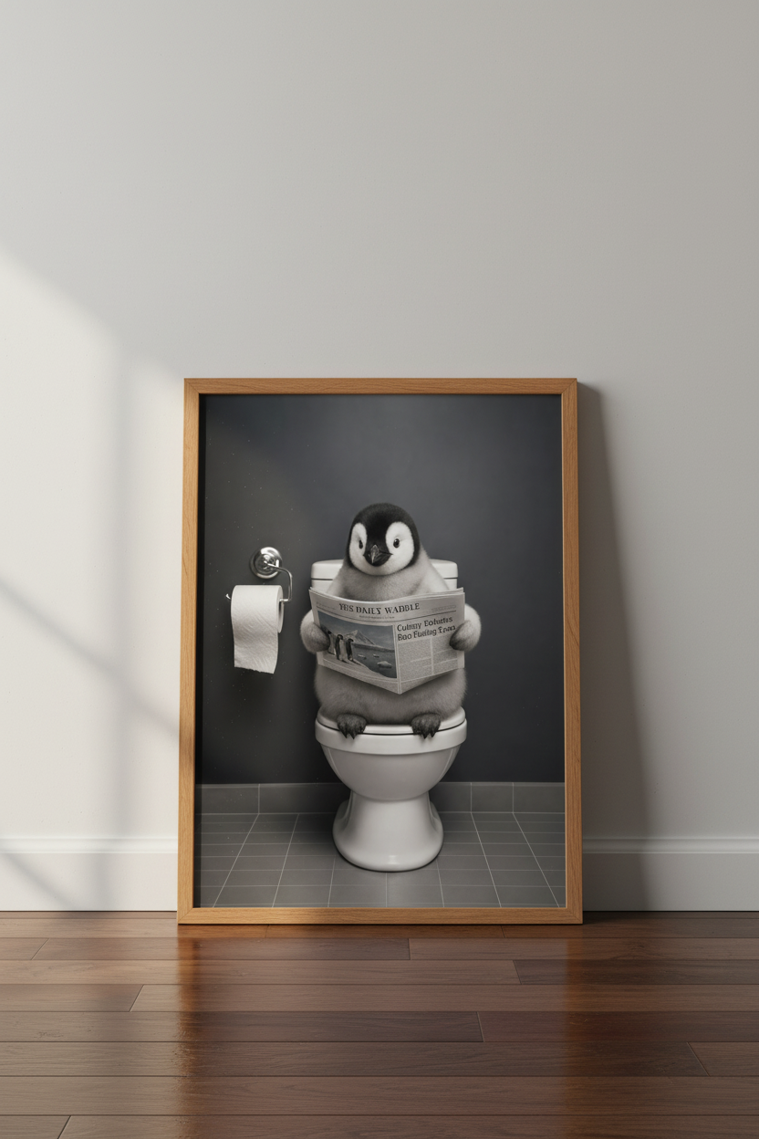 Funny Penguin on Toilet Wall Art | Bathroom Decor | Black and White Humor Poster