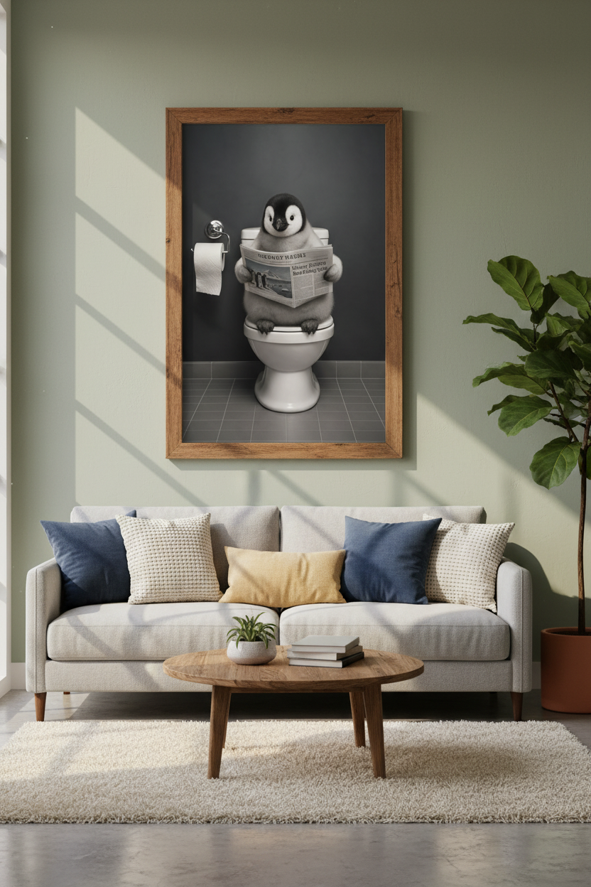 Funny Penguin on Toilet Wall Art | Bathroom Decor | Black and White Humor Poster
