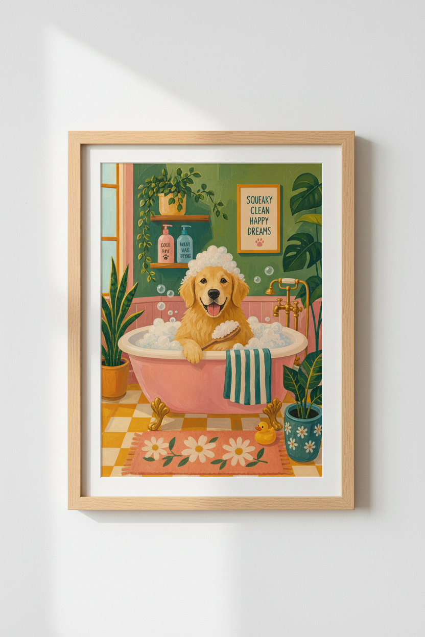 Dog Bathroom Wall Art | Golden Retriever in Bathtub Poster, Whimsical Pet Decor
