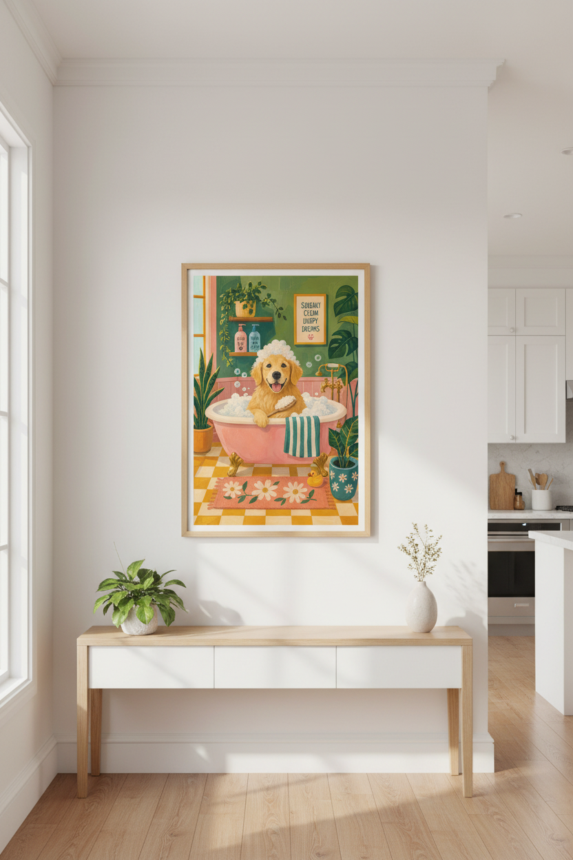 Dog Bathroom Wall Art | Golden Retriever in Bathtub Poster, Whimsical Pet Decor