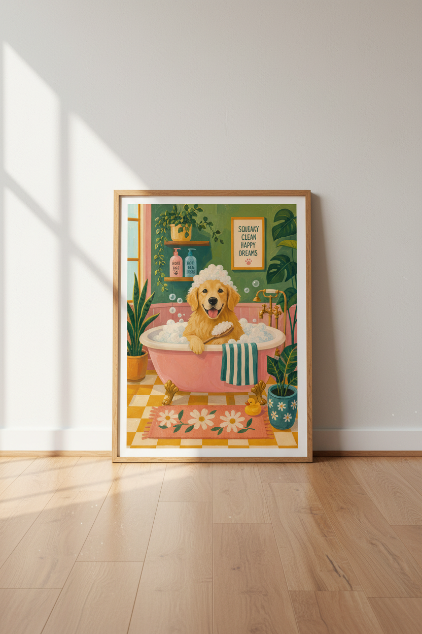 Dog Bathroom Wall Art | Golden Retriever in Bathtub Poster, Whimsical Pet Decor