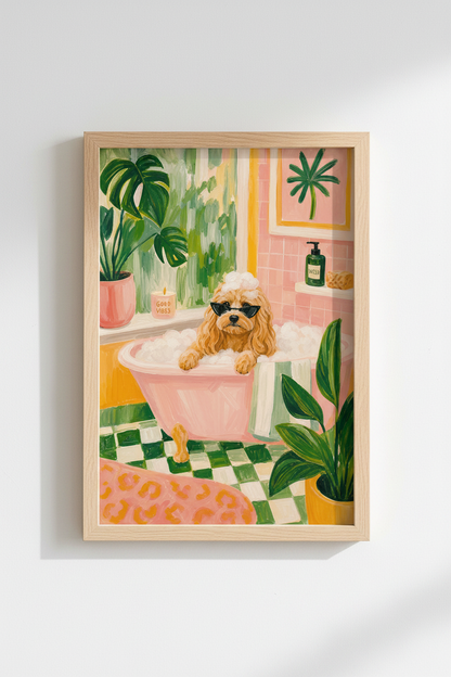 Pink Bathroom Dog Wall Art Print | Funny Poodle Poster Decor | Maximalist Aesthetic