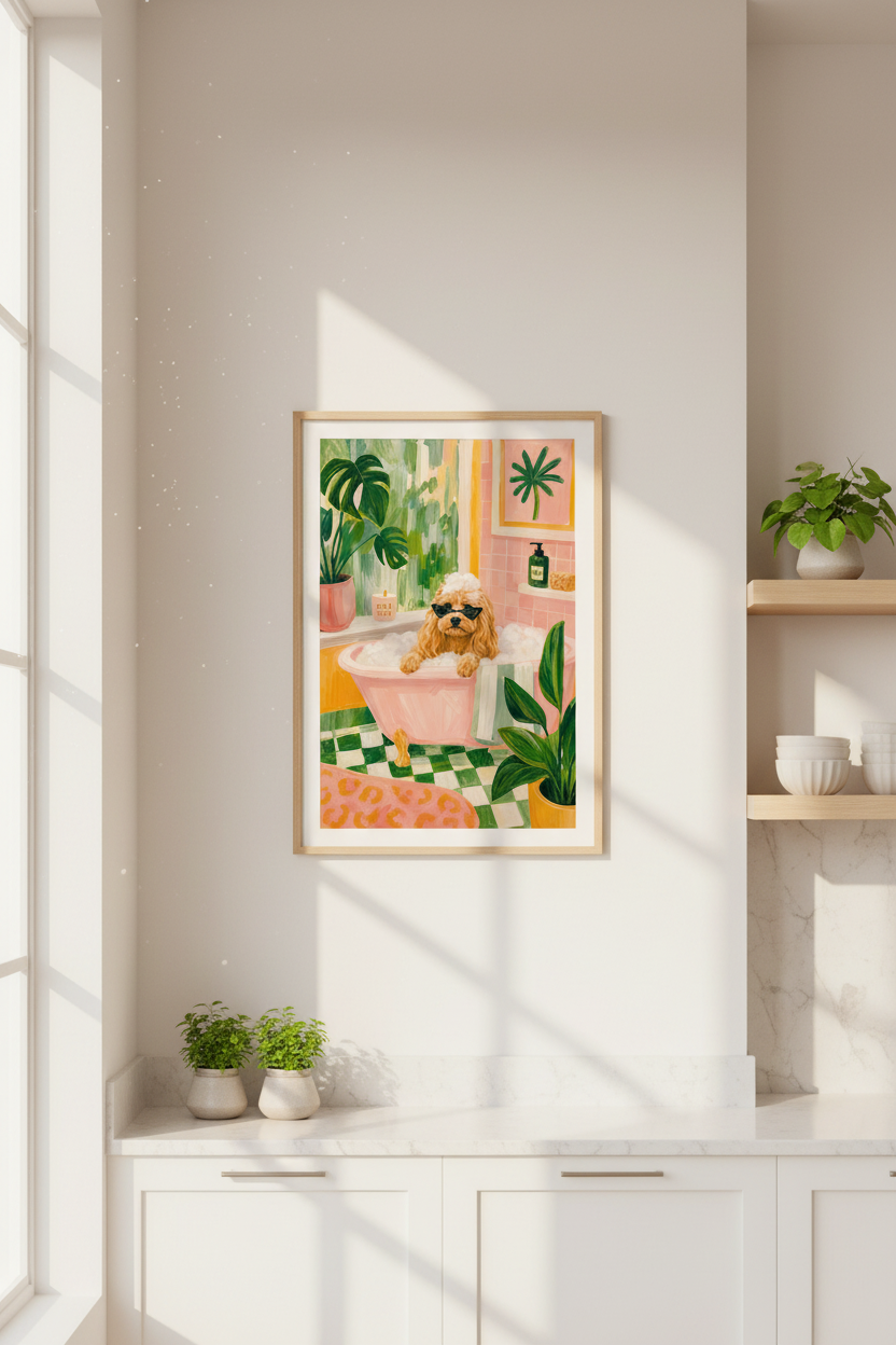 Pink Bathroom Dog Wall Art Print | Funny Poodle Poster Decor | Maximalist Aesthetic