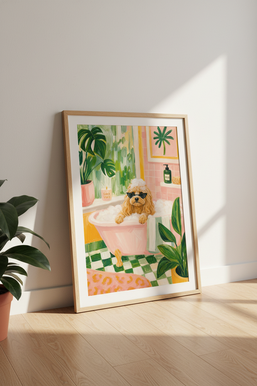 Pink Bathroom Dog Wall Art Print | Funny Poodle Poster Decor | Maximalist Aesthetic