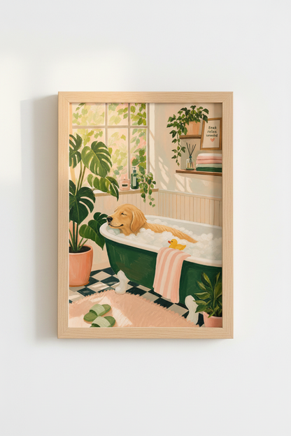 Golden Retriever Bathroom Wall Art Print | Boho Dog Decor | Whimsical Poster