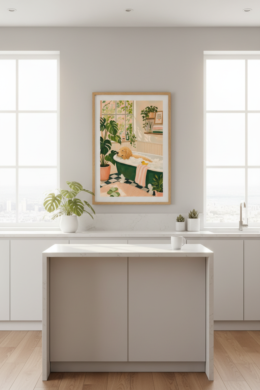 Golden Retriever Bathroom Wall Art Print | Boho Dog Decor | Whimsical Poster